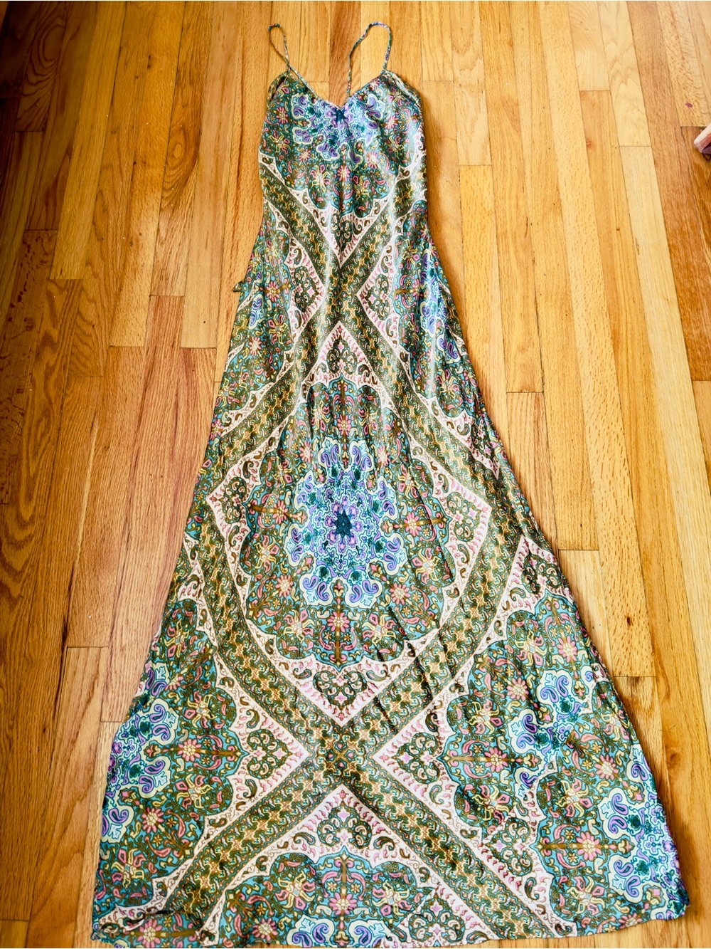 100% Silk Y2K Boho Paisley Maxi Slip Dress in Green & Blue